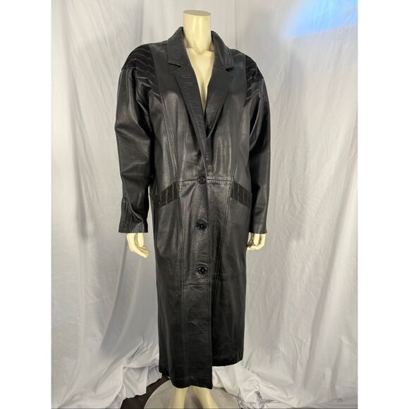 Vintage Jackets & Blazers - Vintage 1980s–1990s Excelled Genuine Leather‎ Long Trench Coat – Black – Size S